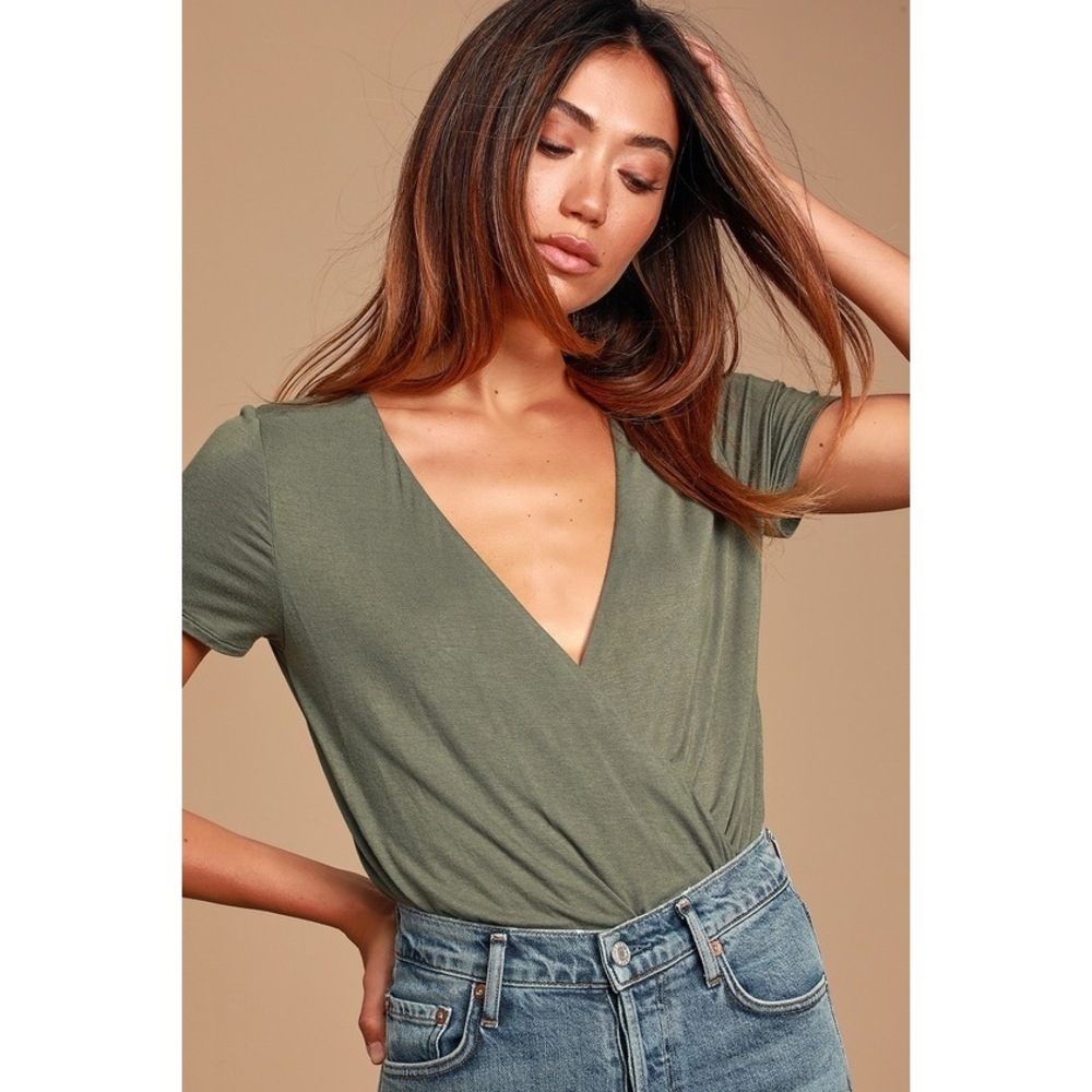 Lulus Marren Olive Green Short Sleeve Surplice Bodysuit - Size L